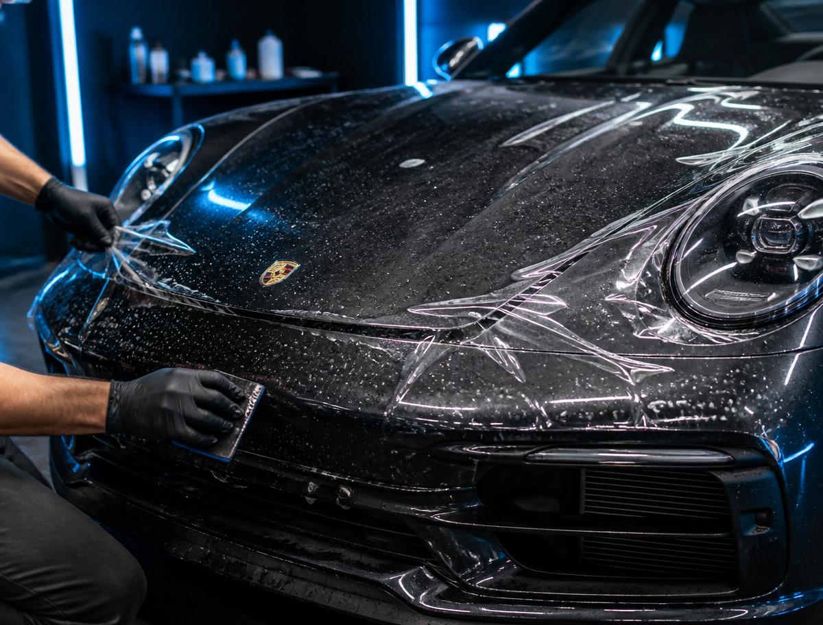 Installer applying clear paint protection film to the front end of a black Porsche 911